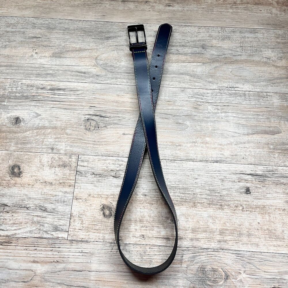 ASOS Genuine Leather Belt Black Rainbow Stitch Size 34 Statement Minimalist